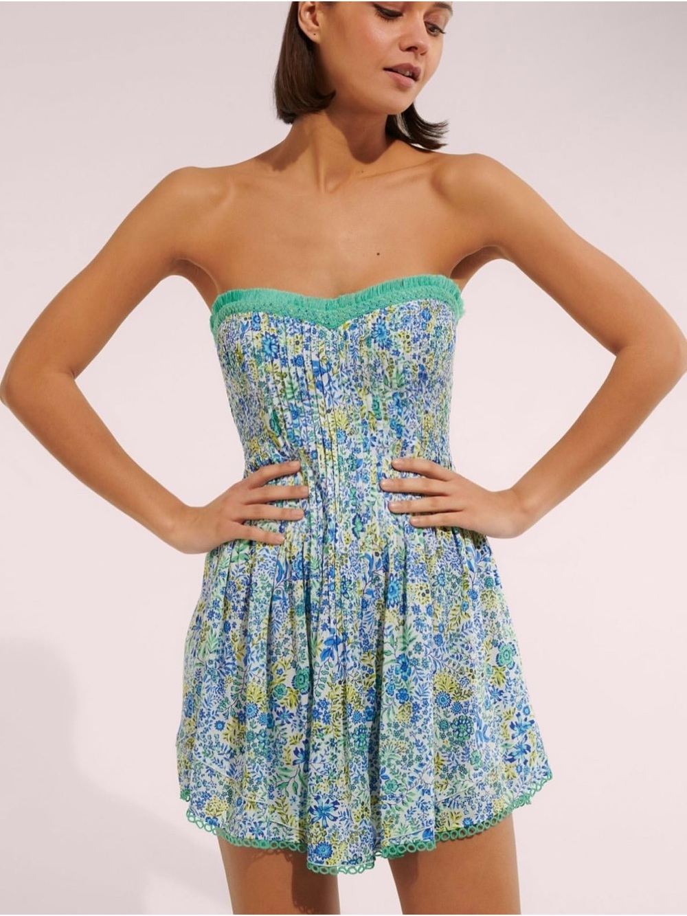 Poupette St. Barth Strapless Blue and Green Floral Sundress